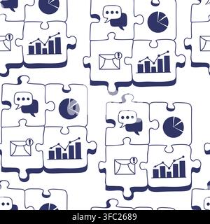 Seamless Doodle Pattern With Business Puzzle, Communication, Email, Pie Charts, Teamwork And Marketing Analytics Symbols On White Background. Hand Stock Vector