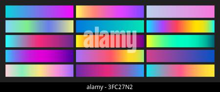 Iridescent gradient swatches showcase holographic rainbow colors with metallic sheen vector illustration set. Stock Vector