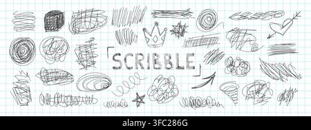 Chaotic pen sketches with tangled scribble lines vector illustration set and doodle circles. Stock Vector