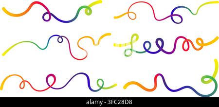 Wavy squiggle rainbow gradient color line create dynamic abstract curve vector illustration set. Stock Vector
