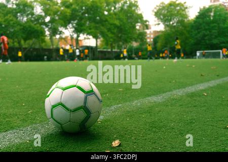 A white and green soccer ball rests on a lush green grass pitch near a white boundary line with blurred players in the background. Stock Photo