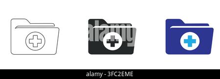 Set of medical folder icons with plus symbol in outline solid black with icons Stock Vector