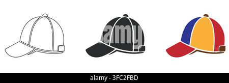 Set of baseball cap icons in outline silhouette and multi color variations Stock Vector