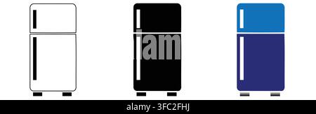 Collection of three refrigerator icons in white black and blue color variations on a white background with Each icon top freezer compartment Stock Vector