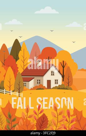 A vertical flat vector illustration of a cozy rural farmhouse surrounded by colorful autumn trees and mountains with Fall Season text overlay. Stock Vector