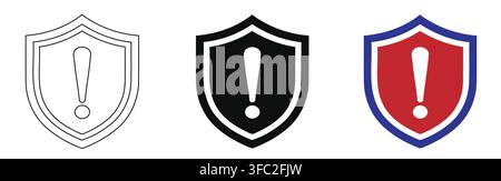 Three shield icons with exclamation marks representing security and warning alerts in different styles with each featuring prominent exclamation mark Stock Vector