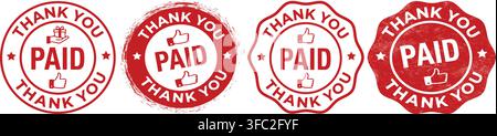 Collection of red circular rubber stamp designs displaying text paid and thank you alongside thumbs up icons with stamps contain word paid center Stock Vector