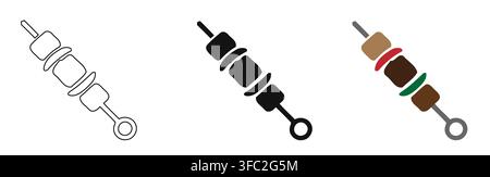 Set of three shish kebab skewer icons in outline solid black with all set Stock Vector