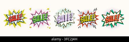 Set of comic sale starburst stickers with bold lettering, colorful burst shapes and halftone dots in retro pop art vector style. Bright sale star Stock Vector