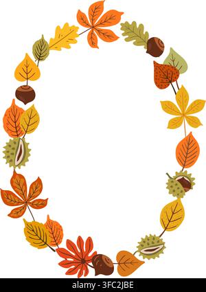 Autumn oval wreath frame with chestnut, acorn and oak leaves arranged in warm orange and yellow tones. Open center leaves copy space for photos Stock Vector