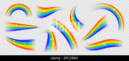Sparkling rainbow trails and colorful spectrum swooshes with glowing arcs, curved waves and soft blurred gradients isolated on transparent background for festive design. Vector realistic isolated set. Stock Vector
