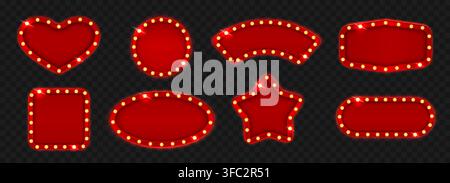 Illuminated red marquee casino, circus sign frames with glowing bulbs in heart circle star oval square and rounded rectangle isolated for retro cinema design. Vector realistic isolated set. Stock Vector