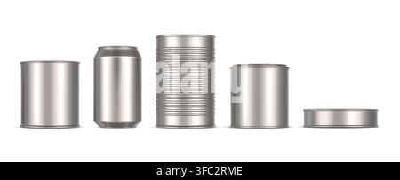 Realistic tin can set, aluminum food and beverage containers, blank metallic packaging mockup, silver canned goods vector clipart isolated. Stock Vector