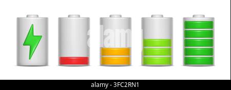 3d battery charge level vector icon set with low, medium and full power stages, green lightning symbol and realistic energy indicator for app UI design. Stock Vector