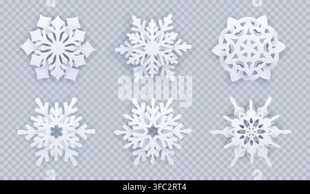 White 3D paper cut snowflake set on transparent background, decorative Christmas winter ornaments collection with layered papercut lace designs. Isolated vector set. Stock Vector