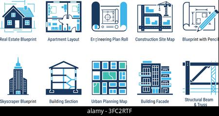 Architectural and construction blueprint vector icons set for planning and building projects. Stock Vector
