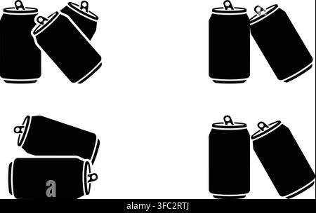 Aluminum drink cans in black silhouette offers illustrations of beverages for packaging, recycling, or product designs. Stock Vector