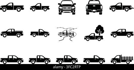 Black silhouette pickup trucks vector icons set representing various models and utility vehicles for transport. Stock Vector
