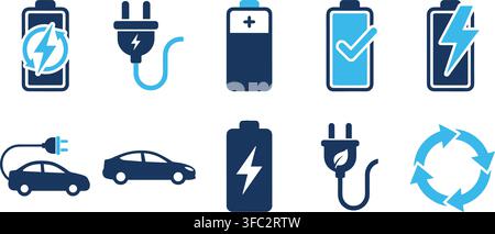 Battery energy icons set featuring blue dark charging symbols ideal for electric power supply and sustainable storage. Stock Vector