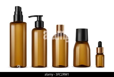 Realistic brown cosmetic glass bottle set with pump, spray and dropper containers, brown glass skincare packaging vector mockups for serum, lotion and oil. Stock Vector