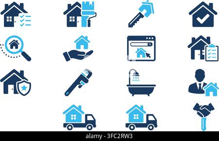Blue and cyan real estate icons depicting houses, keys, moving trucks, and various property services. Stock Vector