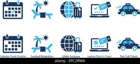 Blue and white travel icons depicting vacation planning, relaxation, and transportation services. Stock Vector