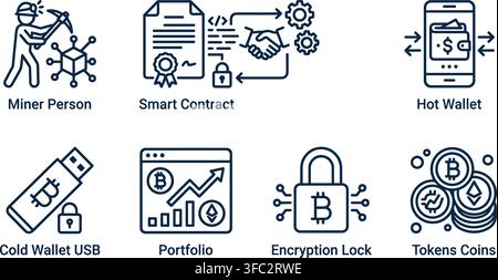 Blockchain technology line art icons representing cryptocurrency mining and digital assets for fintech security solutions. Stock Vector