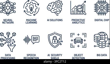 Artificial intelligence outline icon set with neural networks machine learning and digital chip concepts on transparent background. Stock Vector