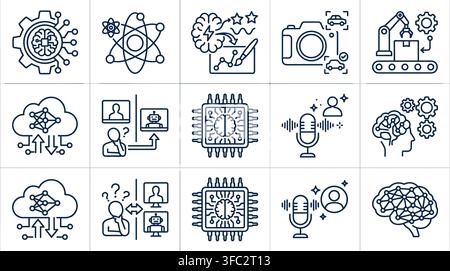 Artificial intelligence and machine learning outline icon set with various ai related concepts on transparent background. Stock Vector