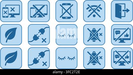 Blue digital disconnection and notification icons set representing lack of internet social network usage or alert silence. Stock Vector