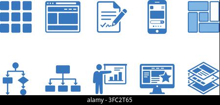 Blue computing icons set with various user interface elements for website and application design mockups. Stock Vector