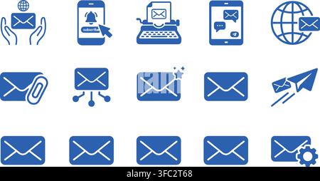Blue email icons set containing various envelope symbols and communication elements for digital marketing interface. Stock Vector