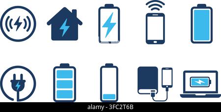 Battery and charging icons set in blue and black colors offers versatile symbols for power related designs and interfaces. Stock Vector