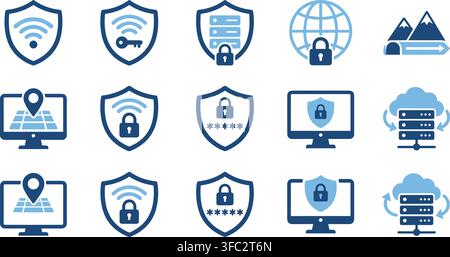 Blue cybersecurity shield icons set, internet and data protection symbols for digital safety. Stock Vector