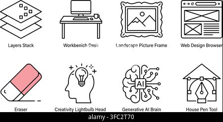 Black outline icons depicting digital design tools and concepts, including layers, workspace, and creativity. Stock Vector