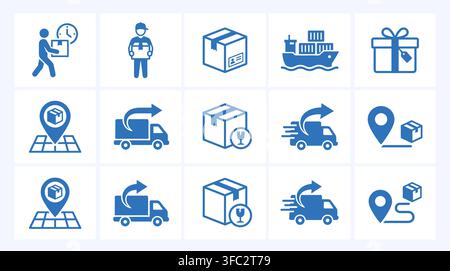 Blue delivery and logistics icons for shipping, packages, and transportation services. Stock Vector