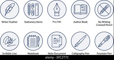 Blue stationery and writing instrument line art collection featuring fountain pens quills notebooks and book supplies. Stock Vector
