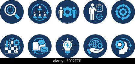 Blue icon set for business strategy, management, teamwork, and innovation within a corporate structure. Stock Vector