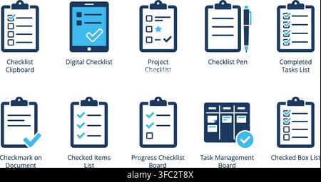 Blue checklist clipboard icons set, digital task management and project planning symbols collection. Stock Vector