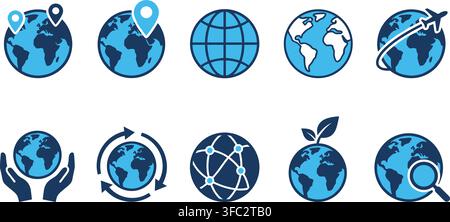 Blue earth and globe icon set featuring locations flight network ecology and search for international mapping data. Stock Vector