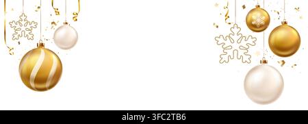 Luxury Christmas holiday background with realistic golden and ivory hanging baubles, snowflakes, ribbons, confetti and copy space for greeting card vector design. Stock Vector