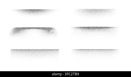 Grainy halftone shadow texture vector set with stippled noise overlays, speckled fading edges and soft black particle gradients for grunge design effects. Stock Vector