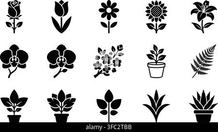 Black flower silhouettes and houseplants glyph icons set featuring rose tulip orchid sunflower and potted foliage. Stock Vector