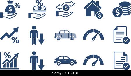 Blue financial icons depicting money investment mortgage credit score and business data growth on transparent background. Stock Vector