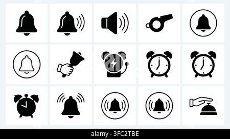 Black notification bell icons for alerts alarms and sound controls featuring clock timers and ringing announcement web. Stock Vector