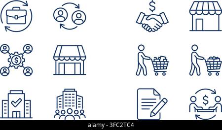 Business and finance icons line art, blue, depicting commerce growth and professional interaction for websites. Stock Vector