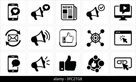 Black social media and digital marketing line icons set on grid background for online communication design layout. Stock Vector