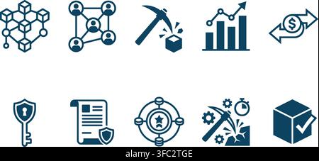 Blockchain technology flat blue icon set representing cryptocurrency mining transaction security and decentralization. Stock Vector