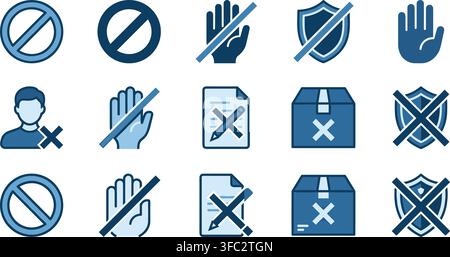 Blue gradient set of ban hand shield paper box and protection icons for restrictive policies and security settings. Stock Vector