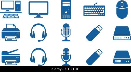 Blue computer icons with monitor keyboard and mouse for technology and digital devices. Stock Vector